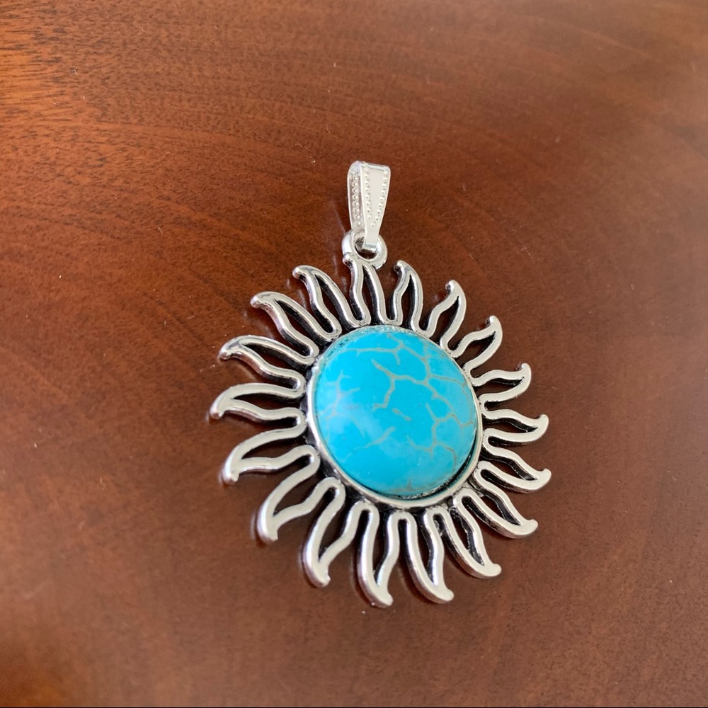 Turquoise Natural Stone Silver Sun Flower Pendant